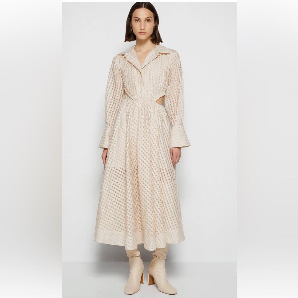 NWT $495 Jonathan Simkhai ALLIE SHEER WINDOWPANE DRESS - CHAMPAGNE, Size XS